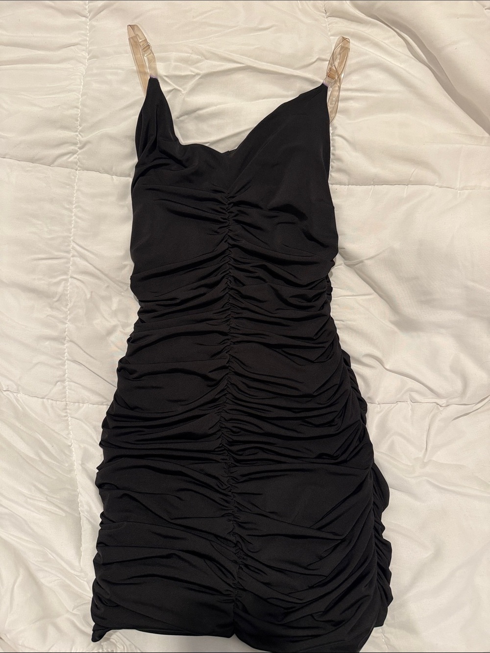 Black Ruched Slip Dress with Clear Straps